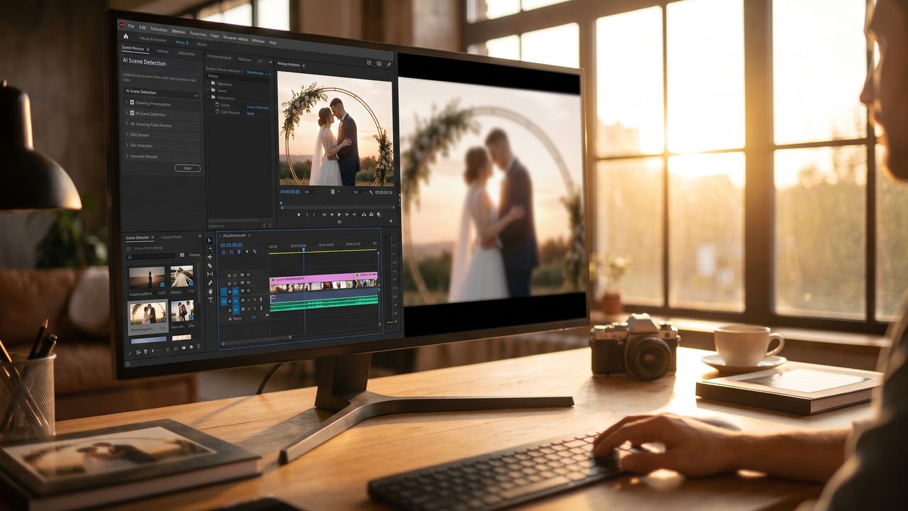 Editorial photograph representing: traditional video editing software vs. ai automatic editing: which is better for your wedding video?