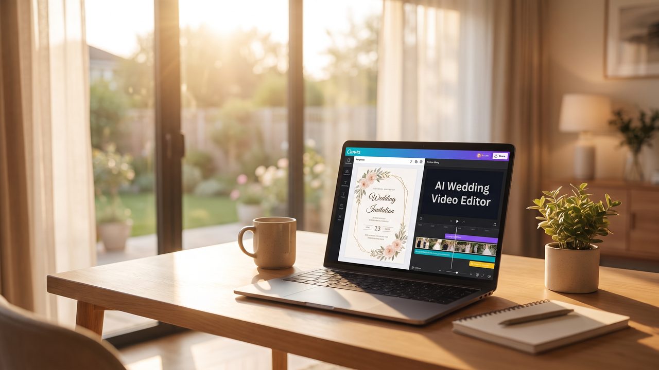 Editorial photograph representing: canva vs. ai wedding video tools: which creates better wedding videos?