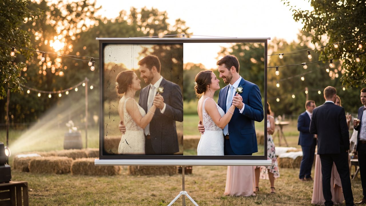 Editorial photograph representing: how to restore and preserve vintage wedding videos with ai