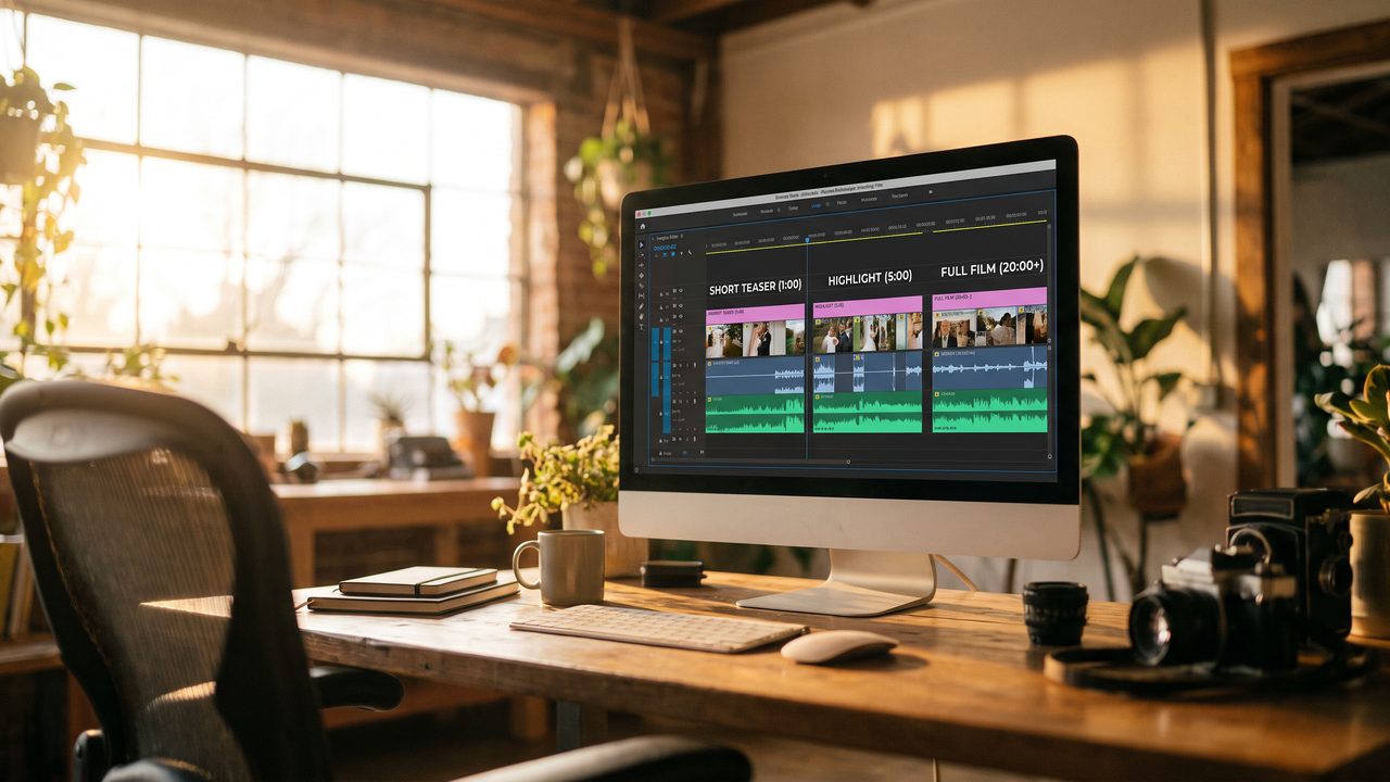 Editorial photograph representing: how long should a wedding video be? the complete length guide