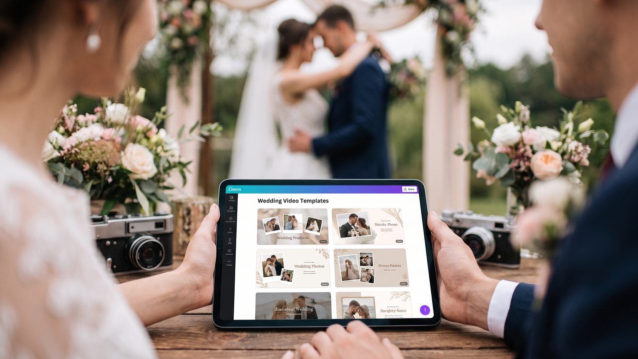 Visual illustrating: what canva offers for wedding videos