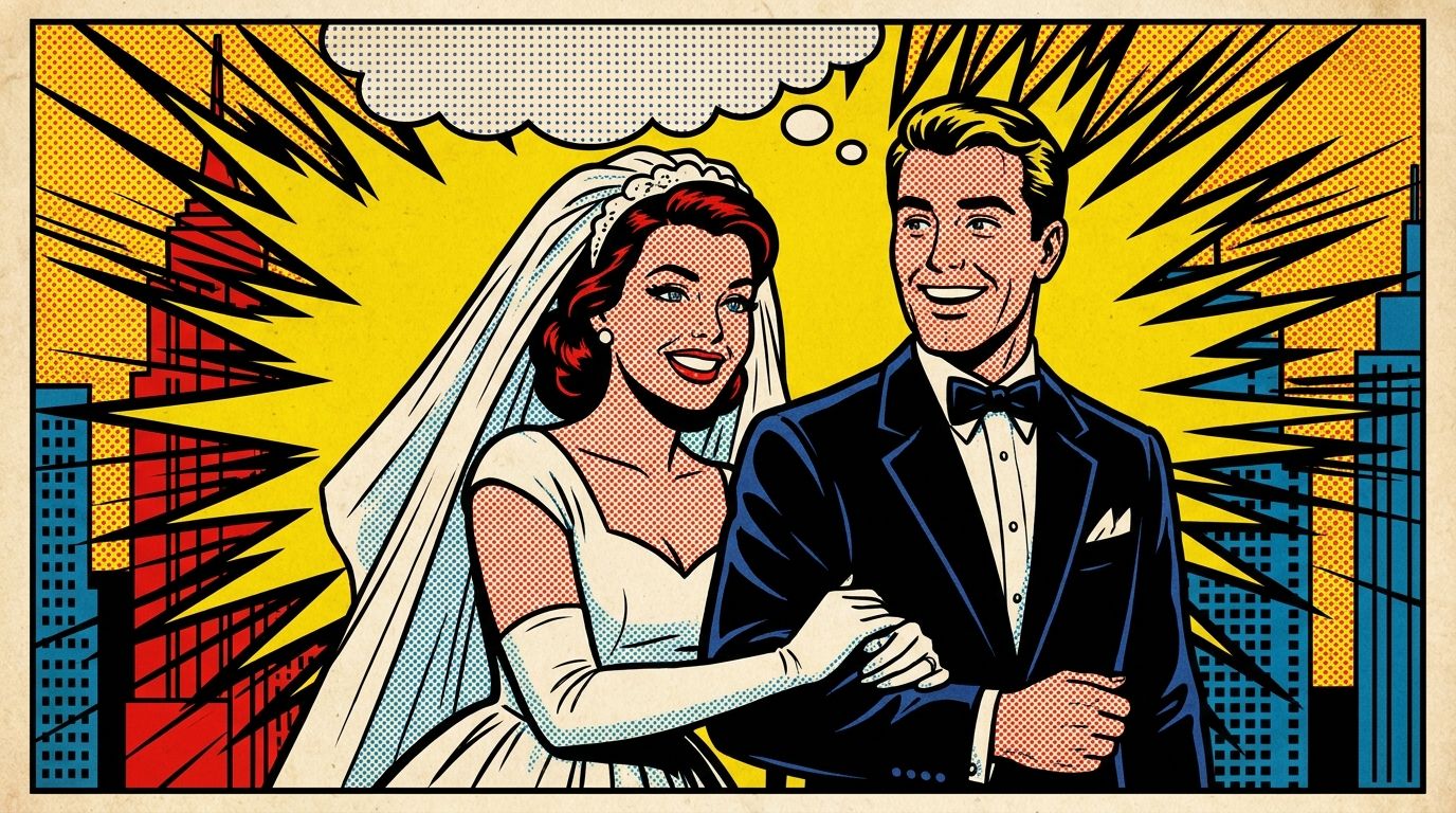 Comic book-style wedding couple