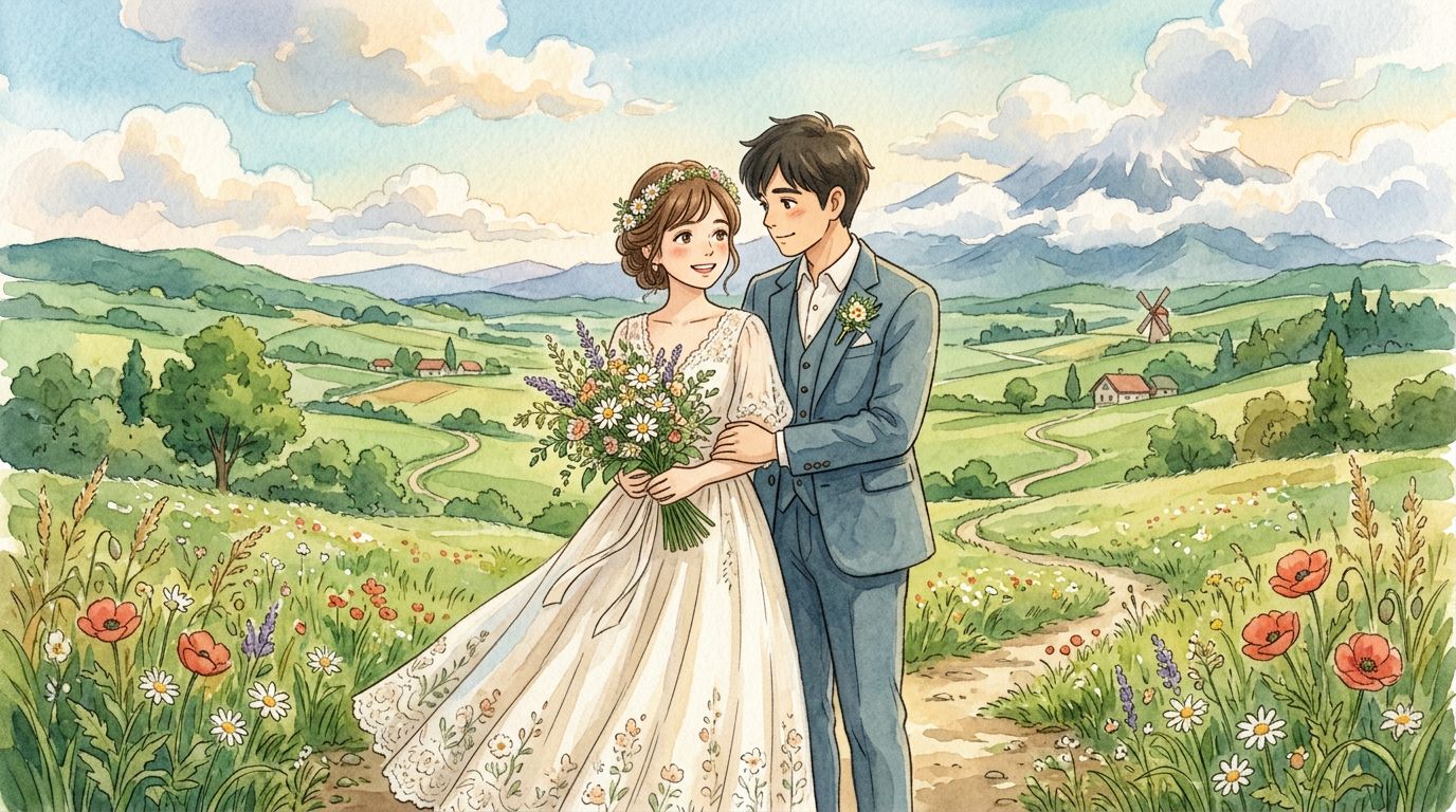 Ghibli-style wedding couple
