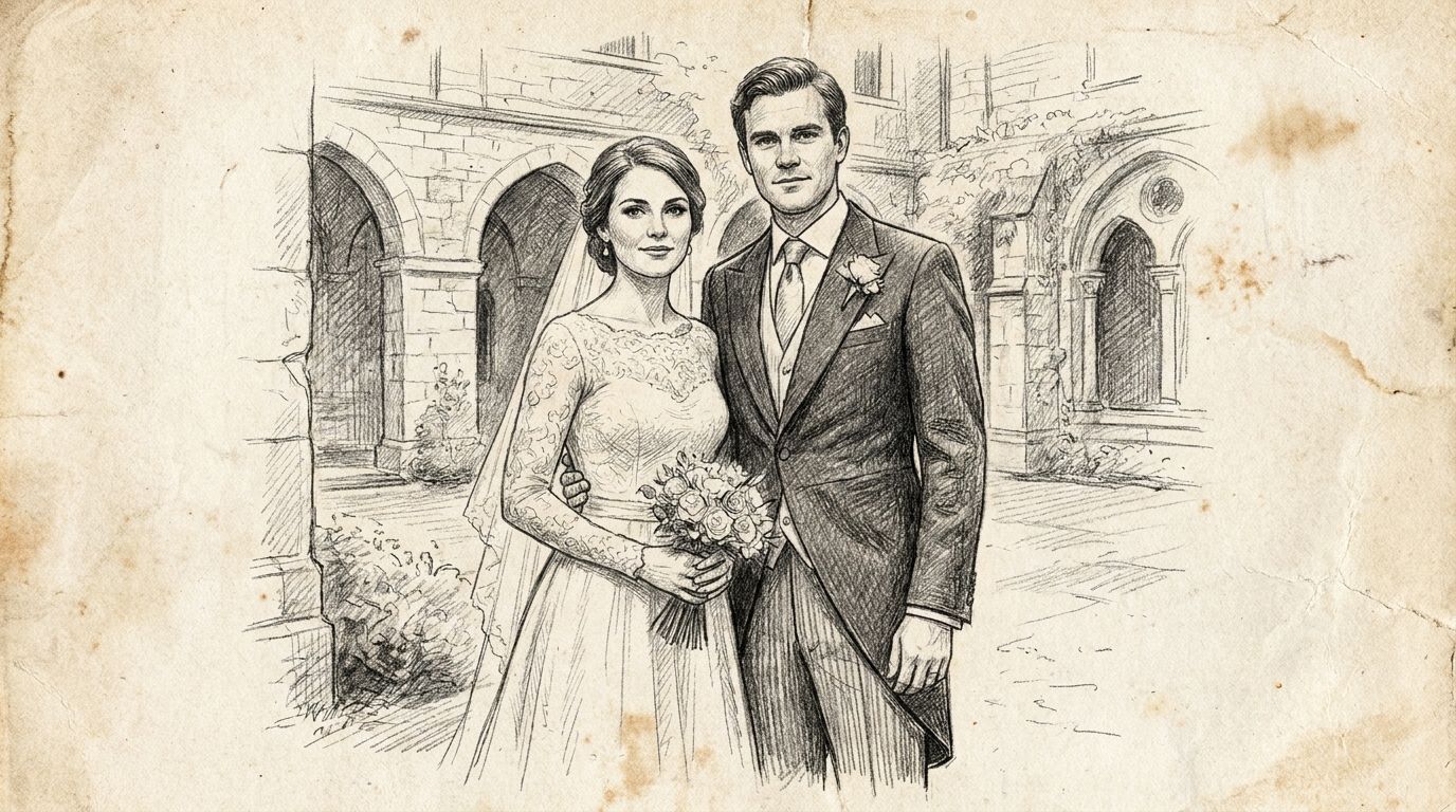 Pencil sketch-style wedding couple
