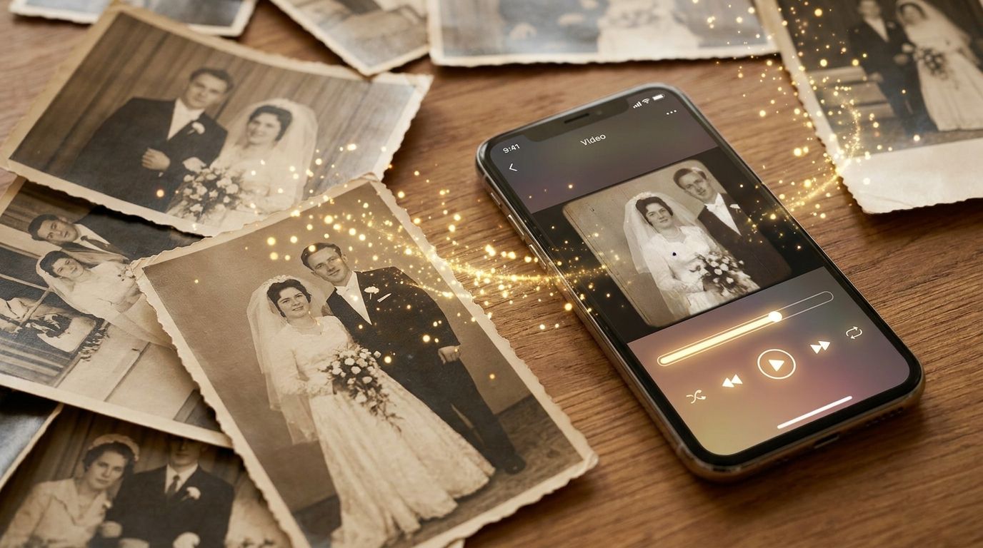 Photos transforming into AI generated wedding film