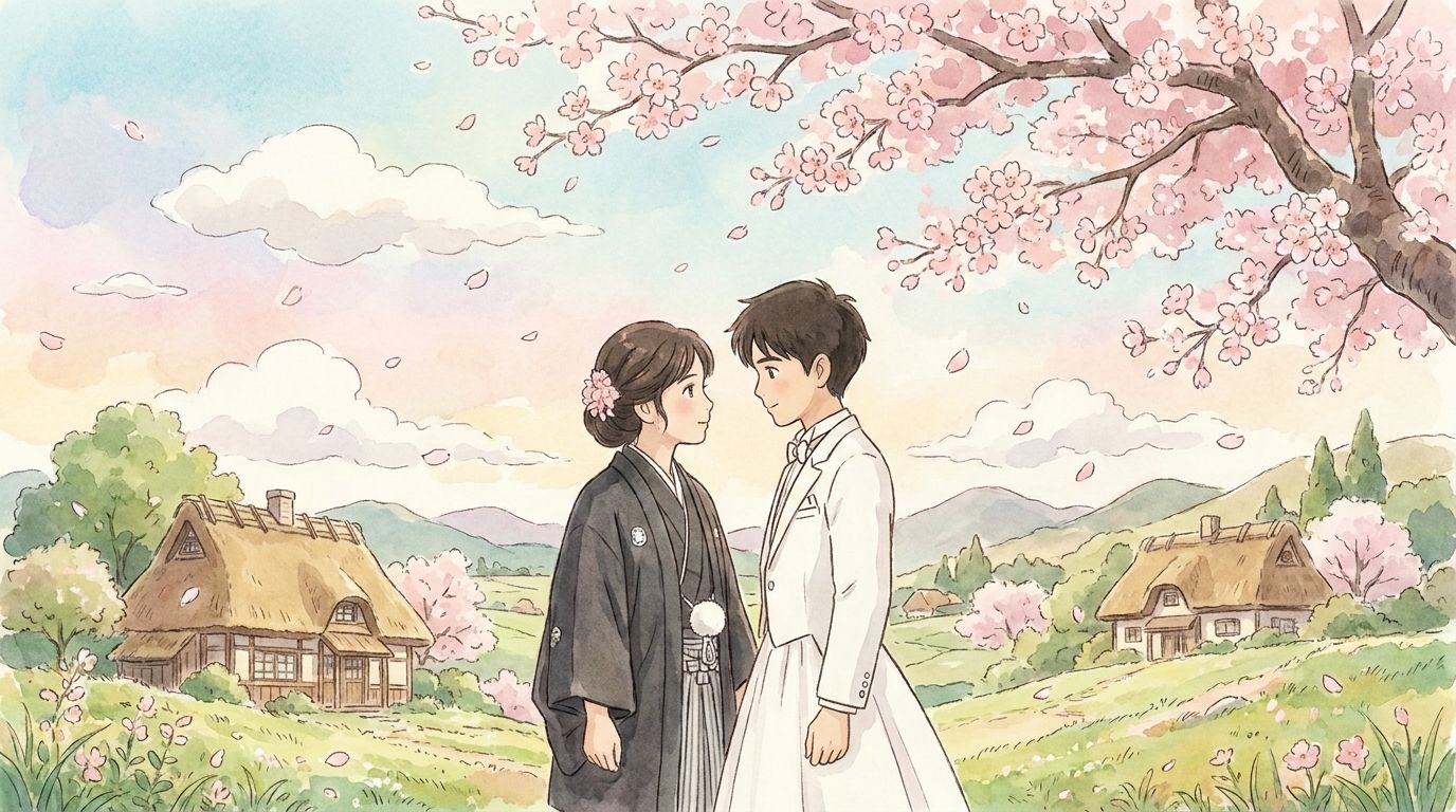 Wedding couple in Studio Ghibli anime style