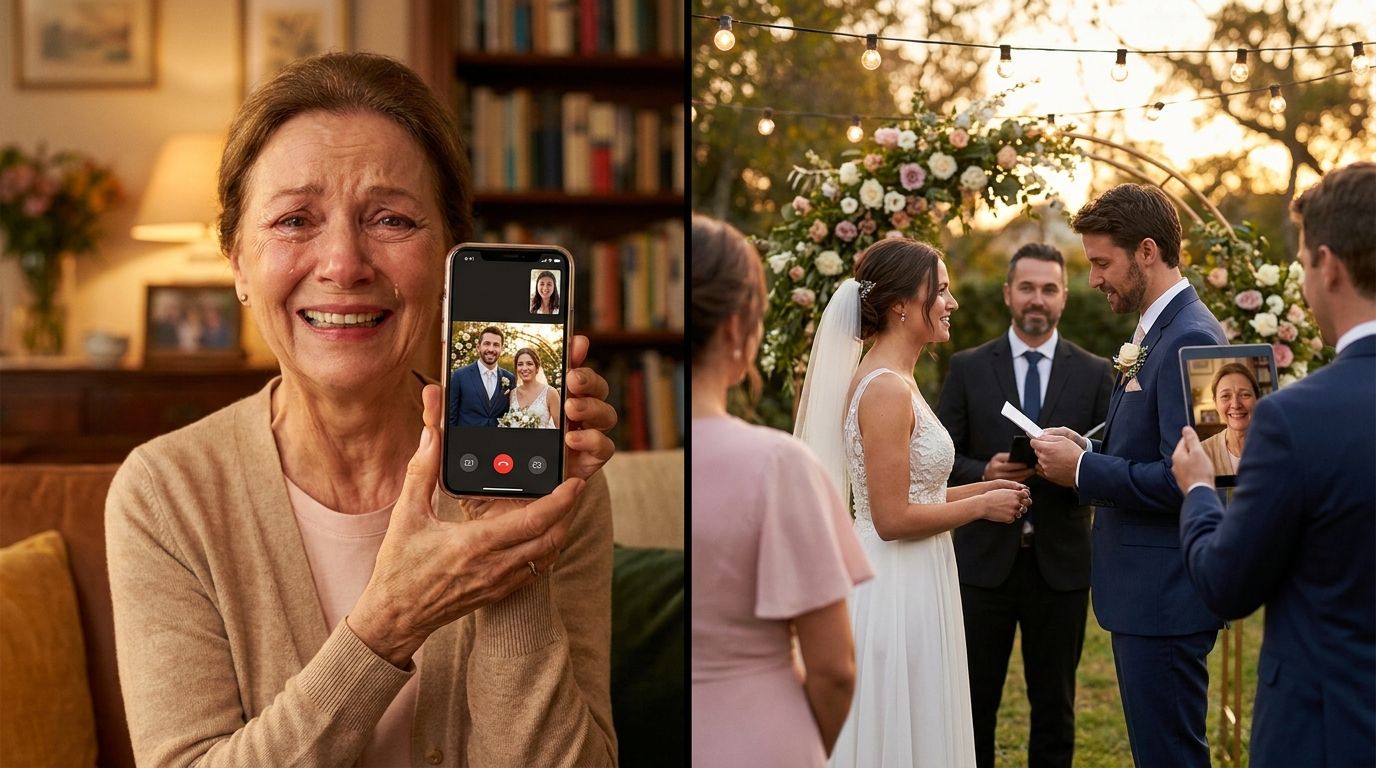 Family video call with wedding on screen