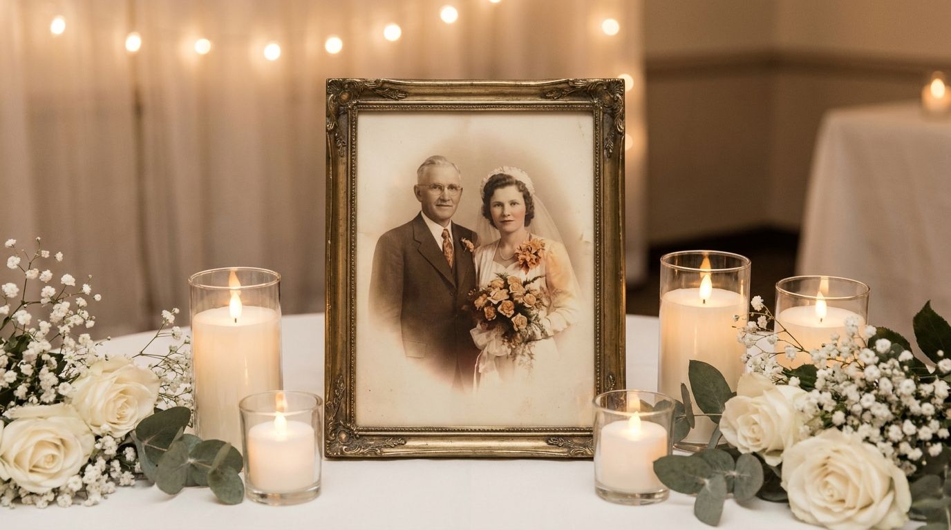 Vintage wedding photo tribute with candles