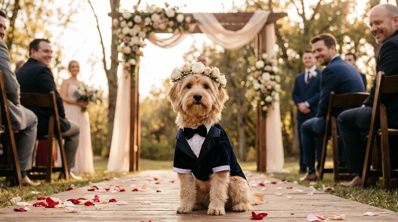 Pet in wedding tuxedo with flower crown