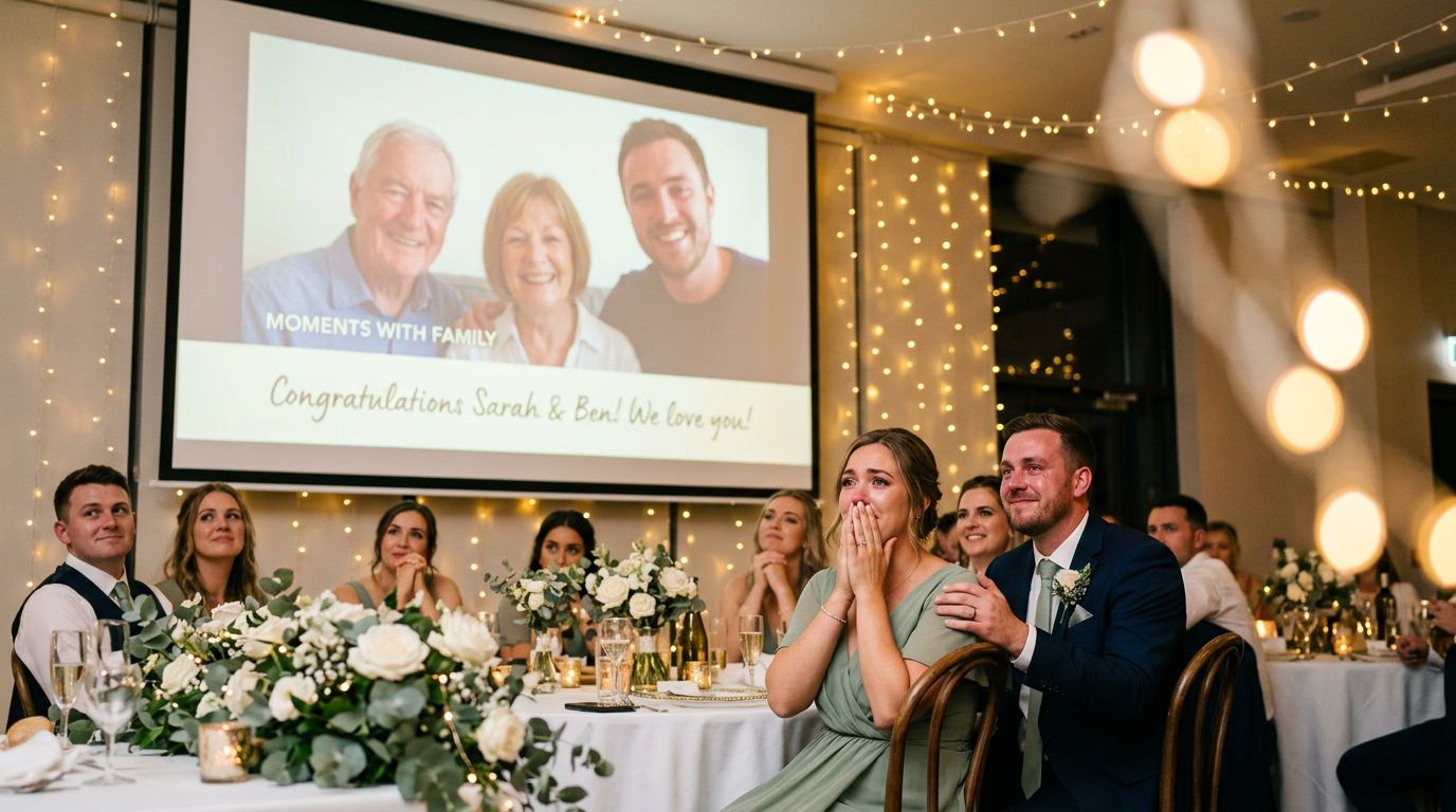 Wedding reception with family video playing