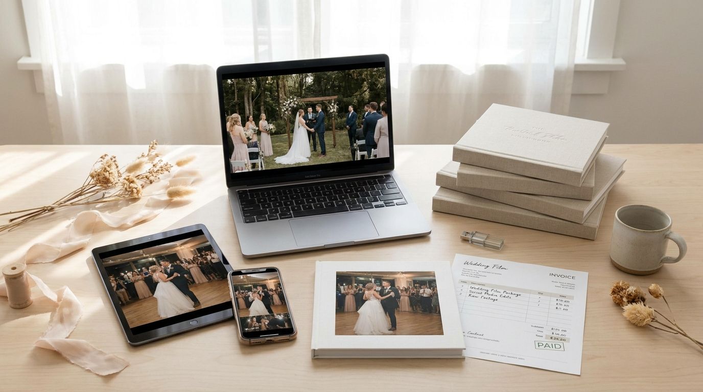Wedding video pricing breakdown flat lay