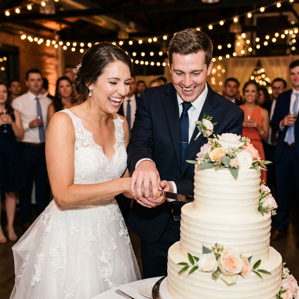 Couple cutting wedding cake