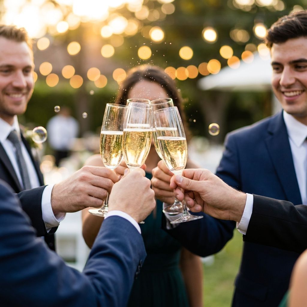 Wedding guests clinking champagne glasses