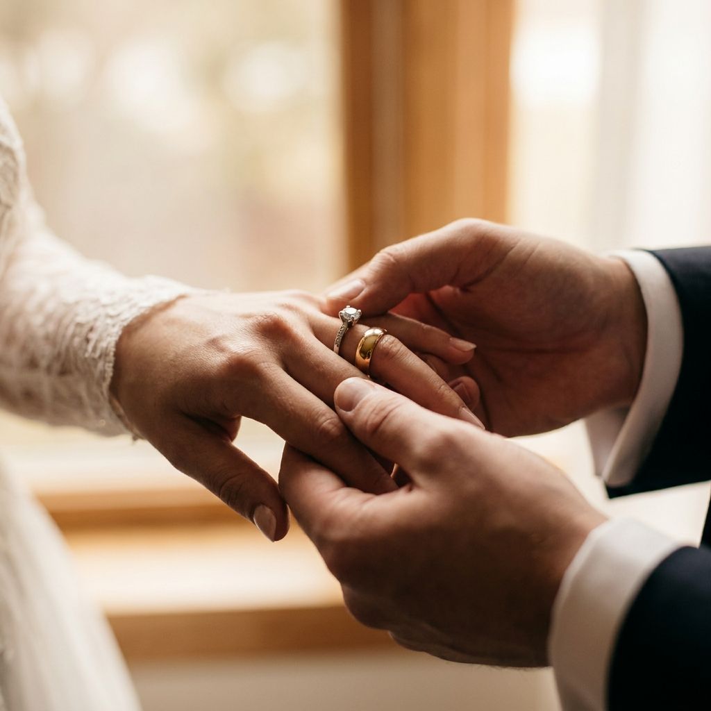 Close-up of wedding ring exchange