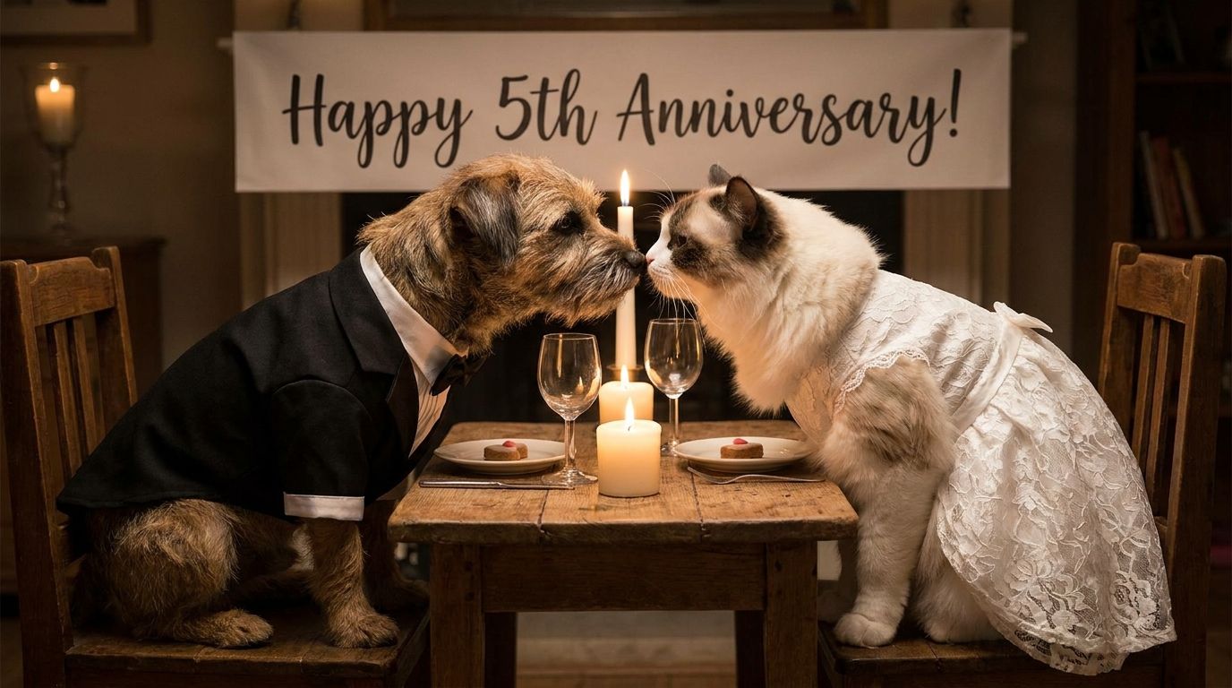 Dog and cat celebrating an anniversary