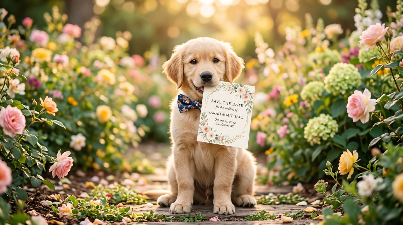 Pet holding a save the date card