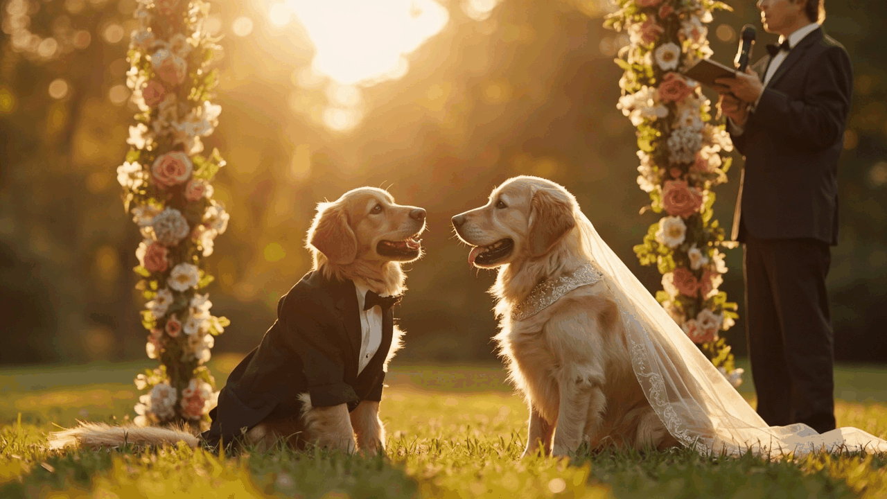 Pet wedding scene with golden retrievers
