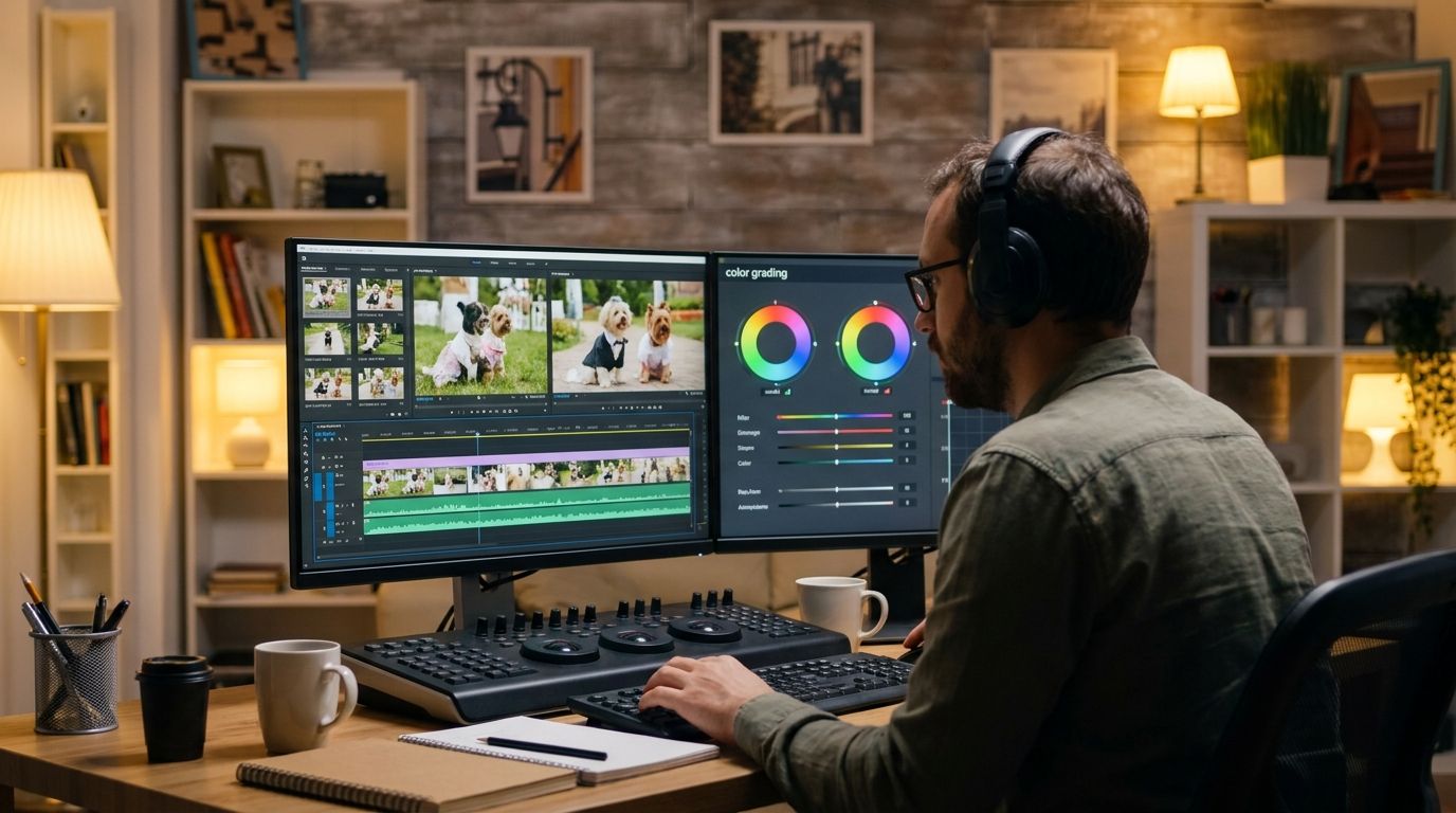 Editor reviewing pet wedding film on monitor