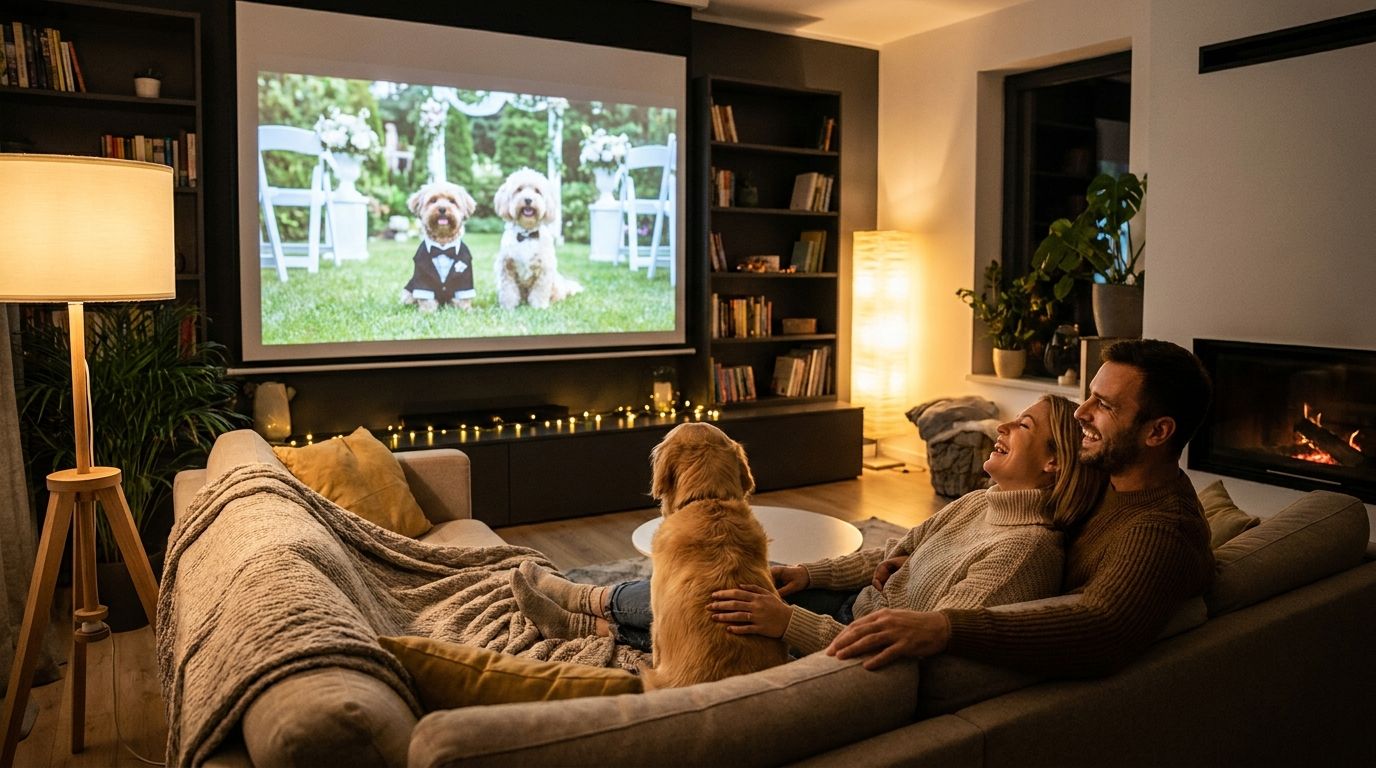 Couple watching finished pet wedding film