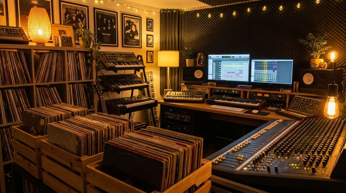 Music studio with vinyl and mixing console
