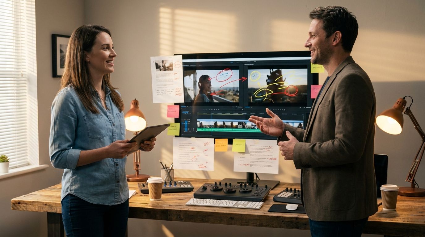 Editor and client reviewing footage together
